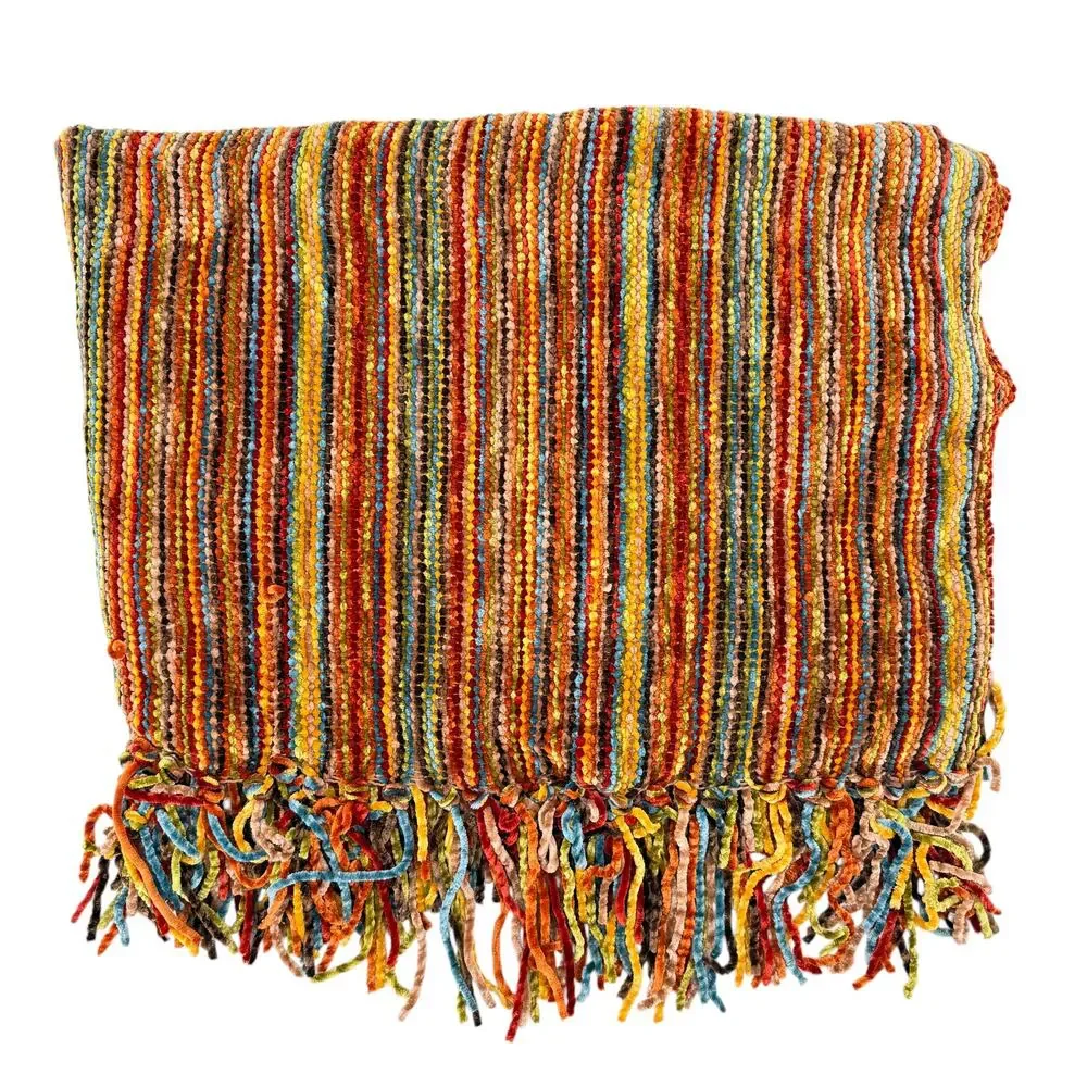 Pier 1 Imports Chenille Throw Blanket 72x56 Multicolor Striped Fringe 72 X 56